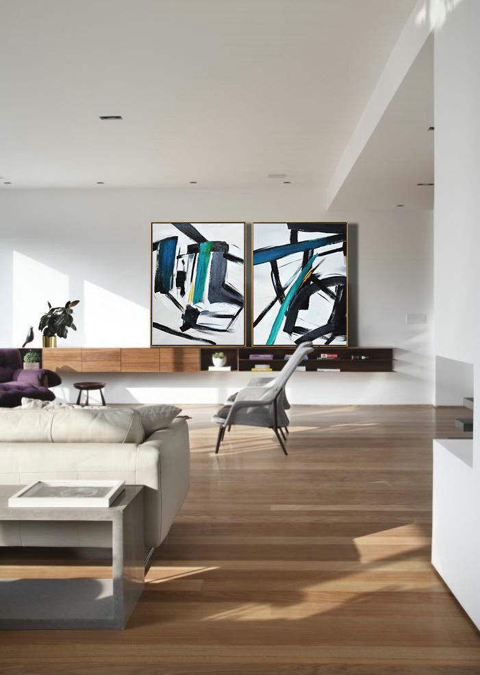 Large Modern Abstract Painting,Large Set Of 2 Blue Minimalist Painting On Canvas - Extra Large Canvas Art,Handmade Acrylic Painting